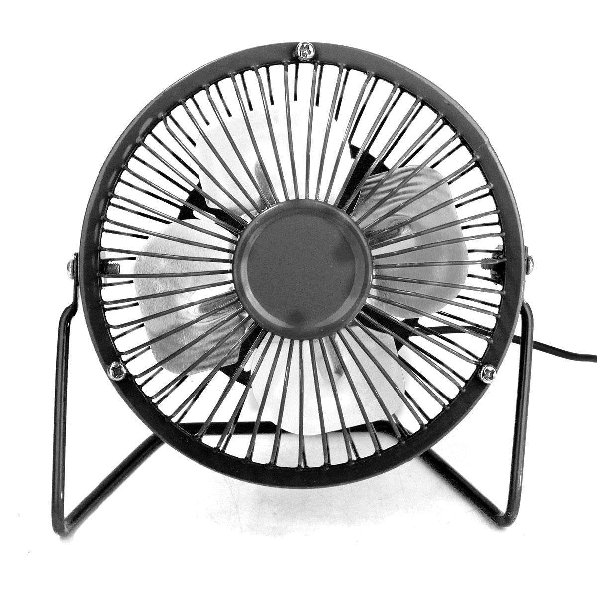 Front view of the black mini desk fan showing the round grille and metal blades