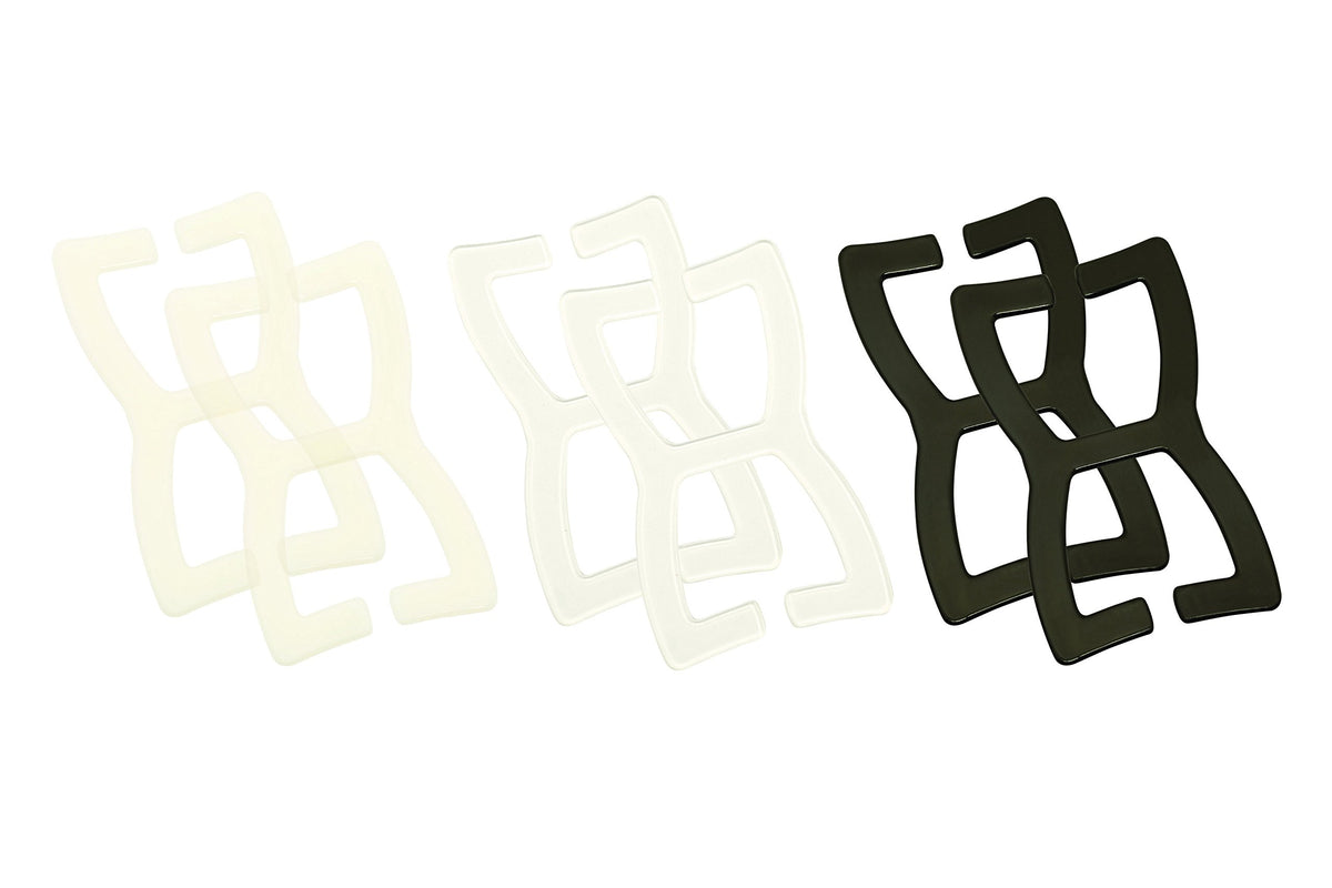 Six bra strap clips in pairs: clear, nude and black