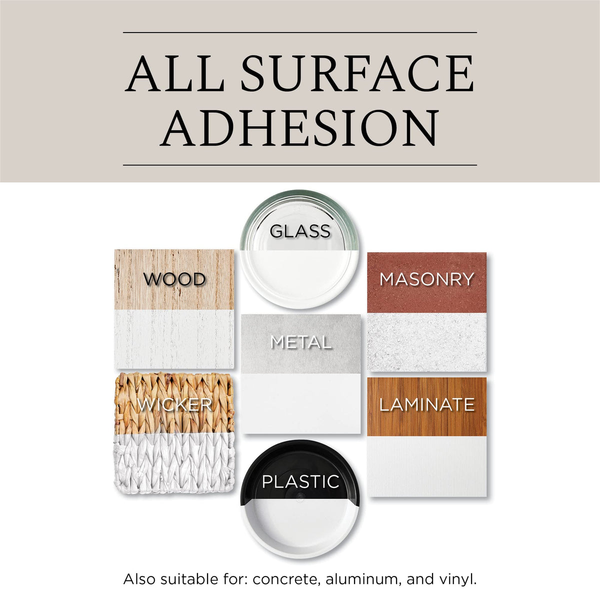 Swatches of seven materials half painted white to show all-surface adhesion