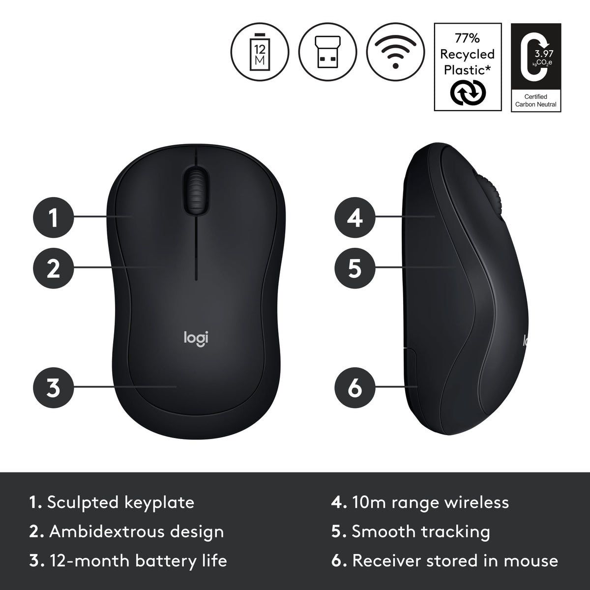 Labelled diagram of the black mouse: sculpted keyplate, ambidextrous, 12-month battery, 10 m range