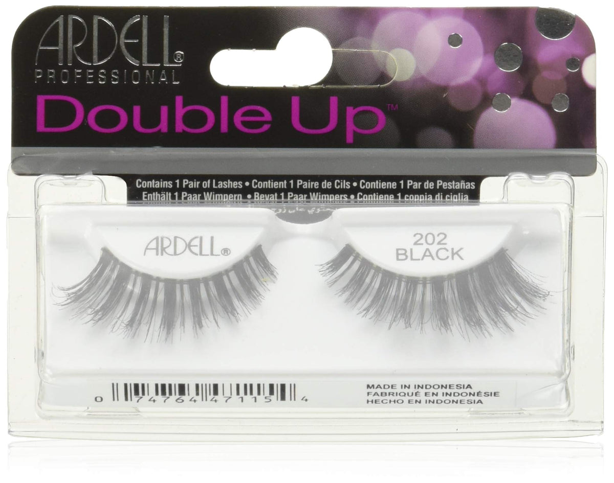 Pair of wispy black layered false lashes, style 202, in a clear blister card