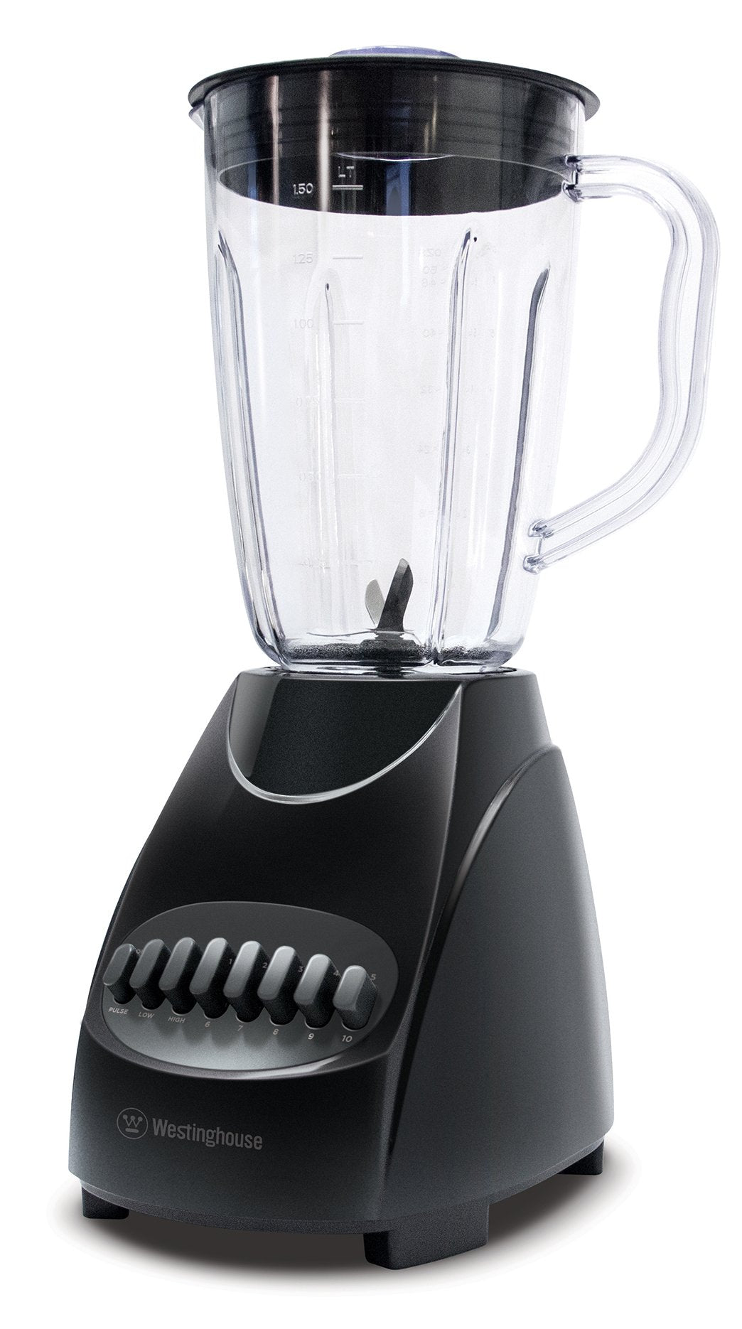 Black blender base with push-button speed controls and a clear plastic jug