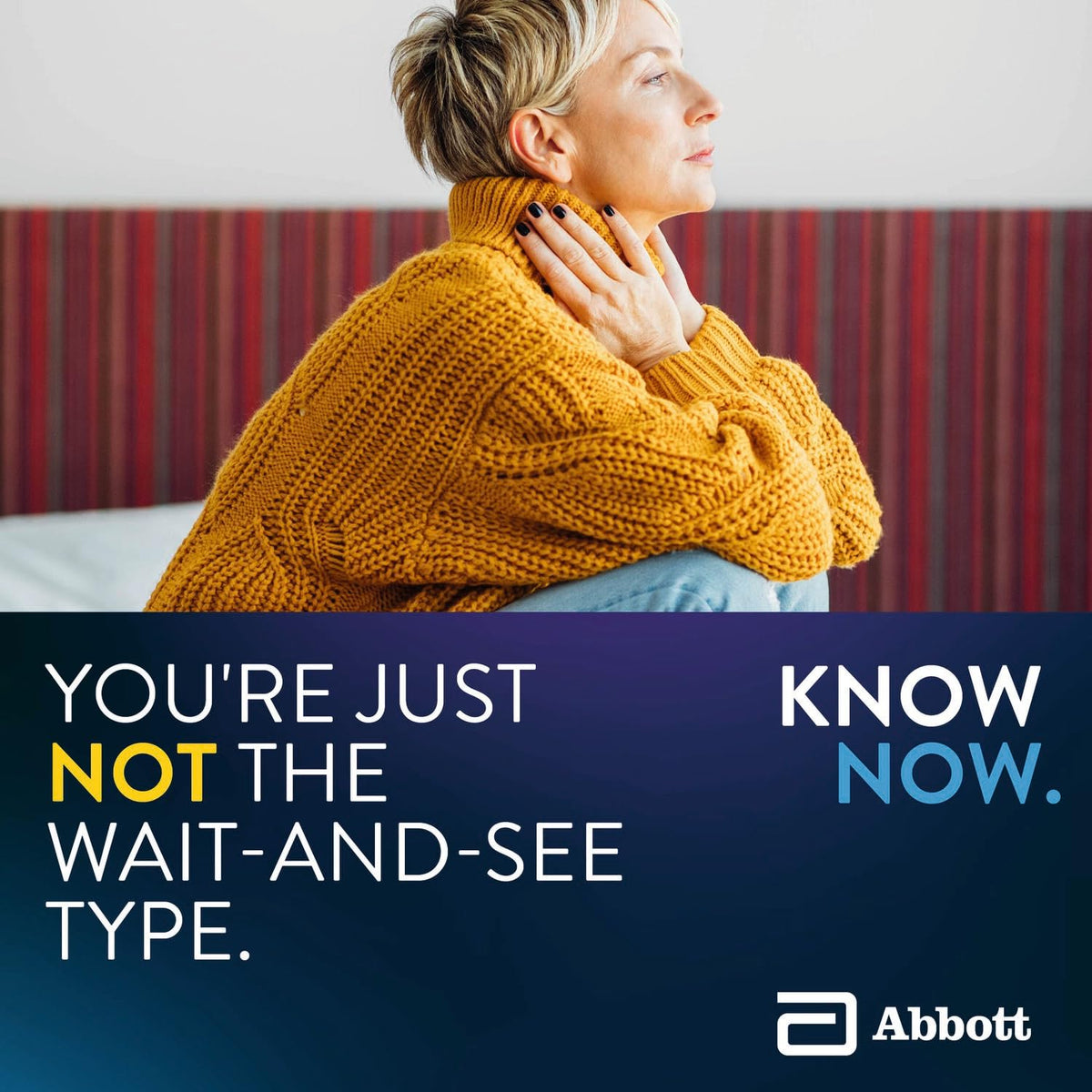 Woman in mustard sweater holding her throat, Know Now caption