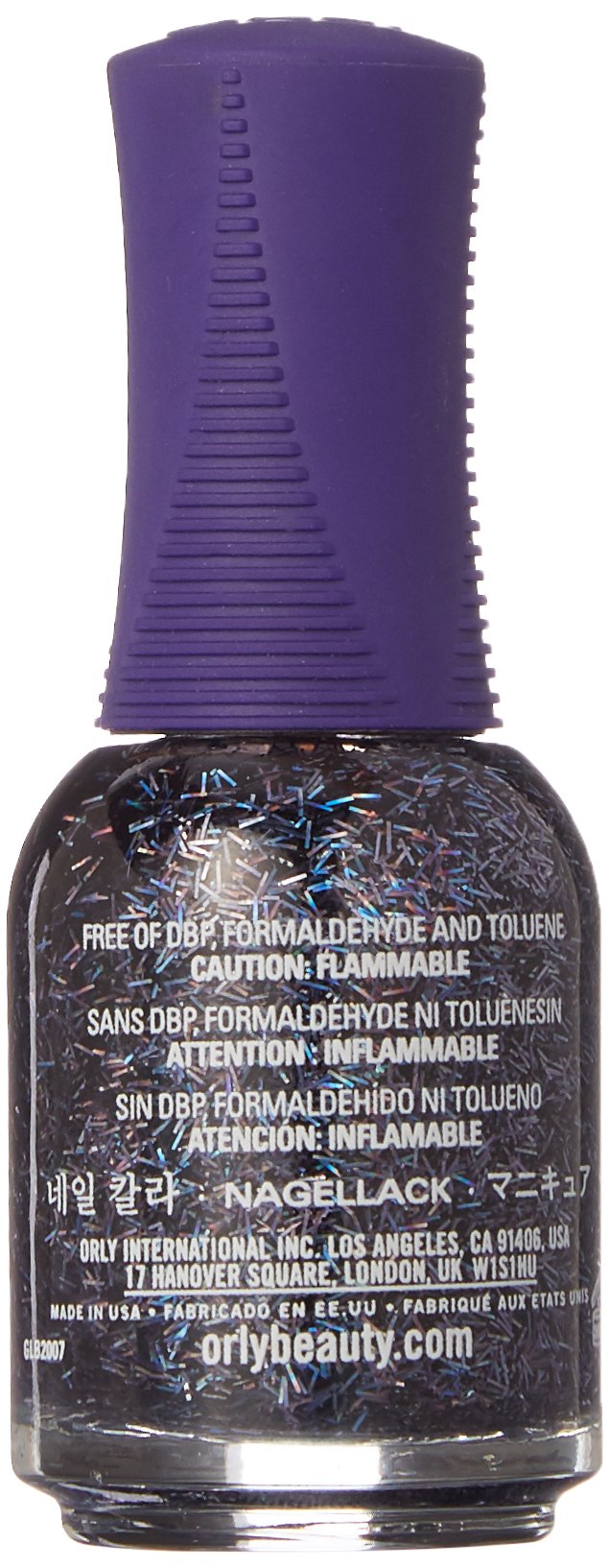 Back of the Orly FX bar glitter polish bottle with the warning label