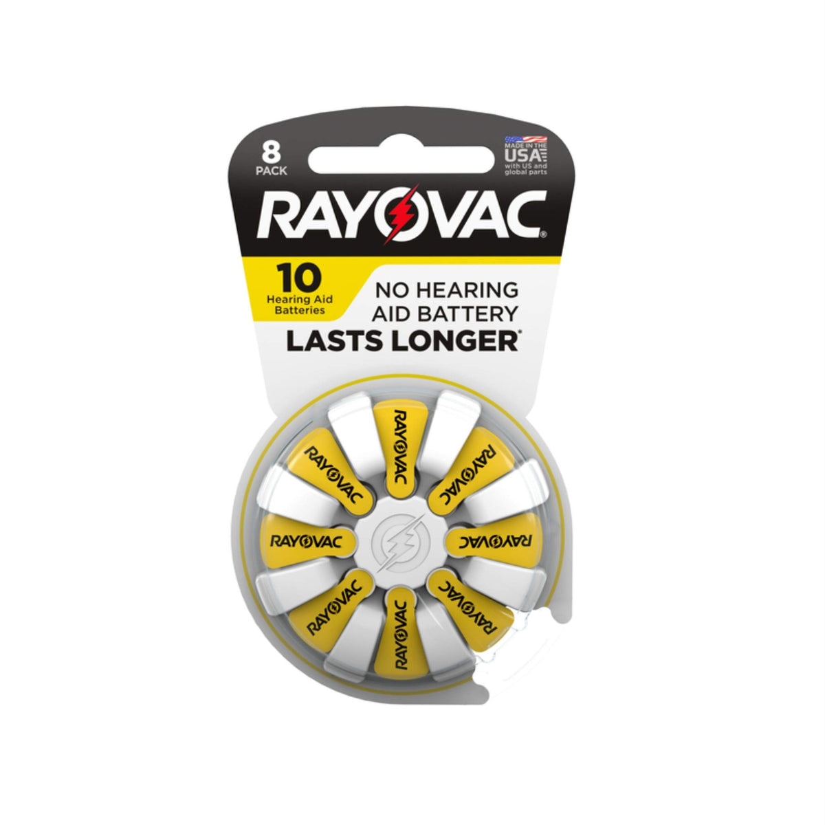 Carded 8-pack of size 10 hearing aid batteries in a yellow dial dispenser