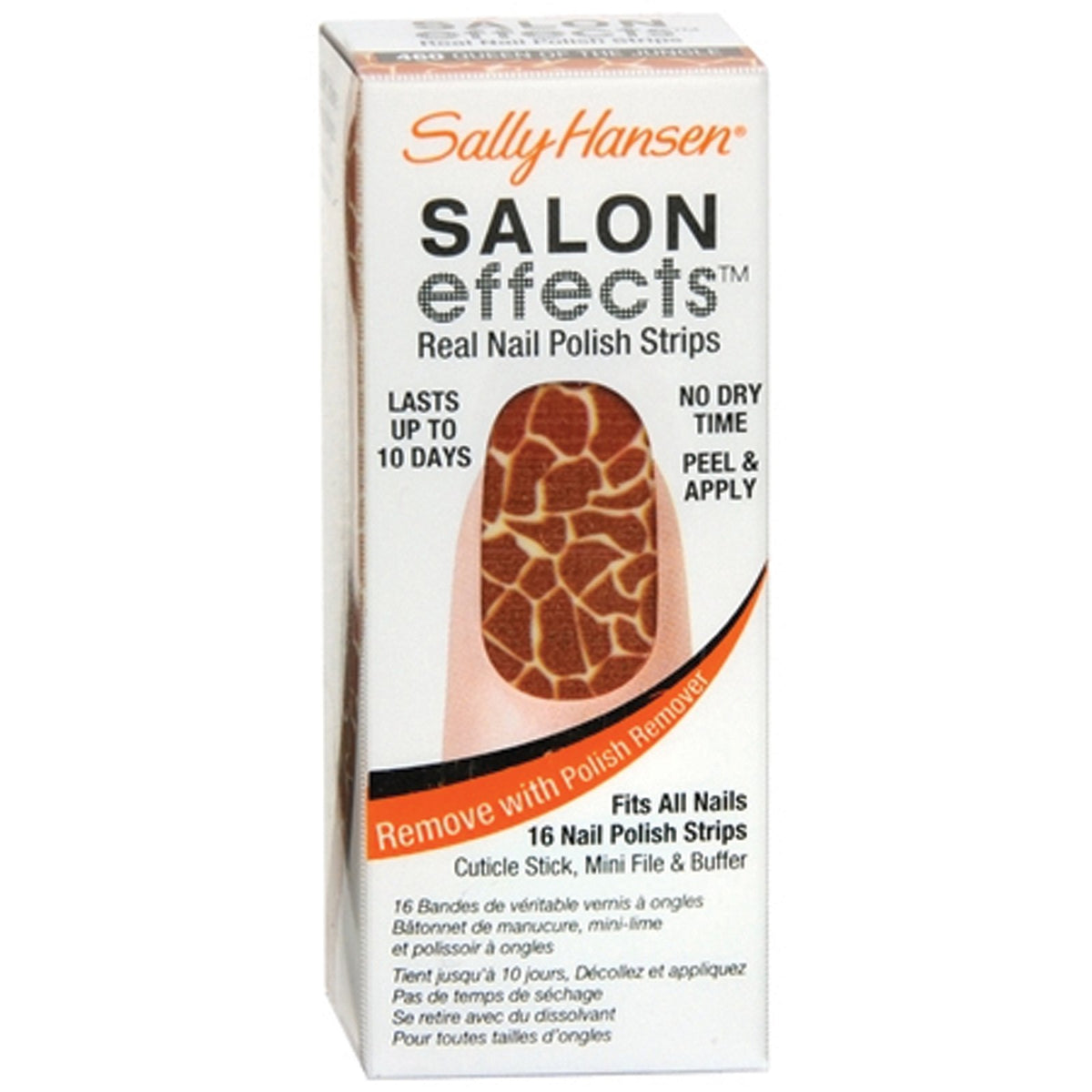 Box of nail polish strips showing a nail in brown and cream giraffe print