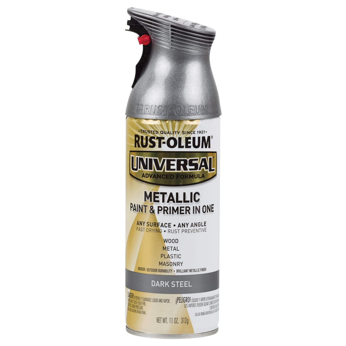 11 oz can of dark steel metallic spray paint and primer with a sparkling grey cap
