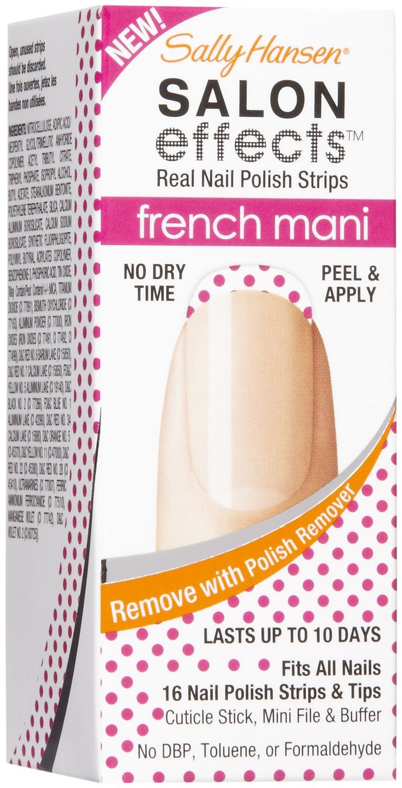 Box of French manicure strips with a nude nail and pink polka dot tip
