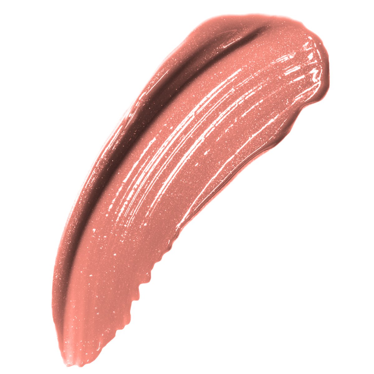 Glossy swatch of shimmery peach-pink lip gloss