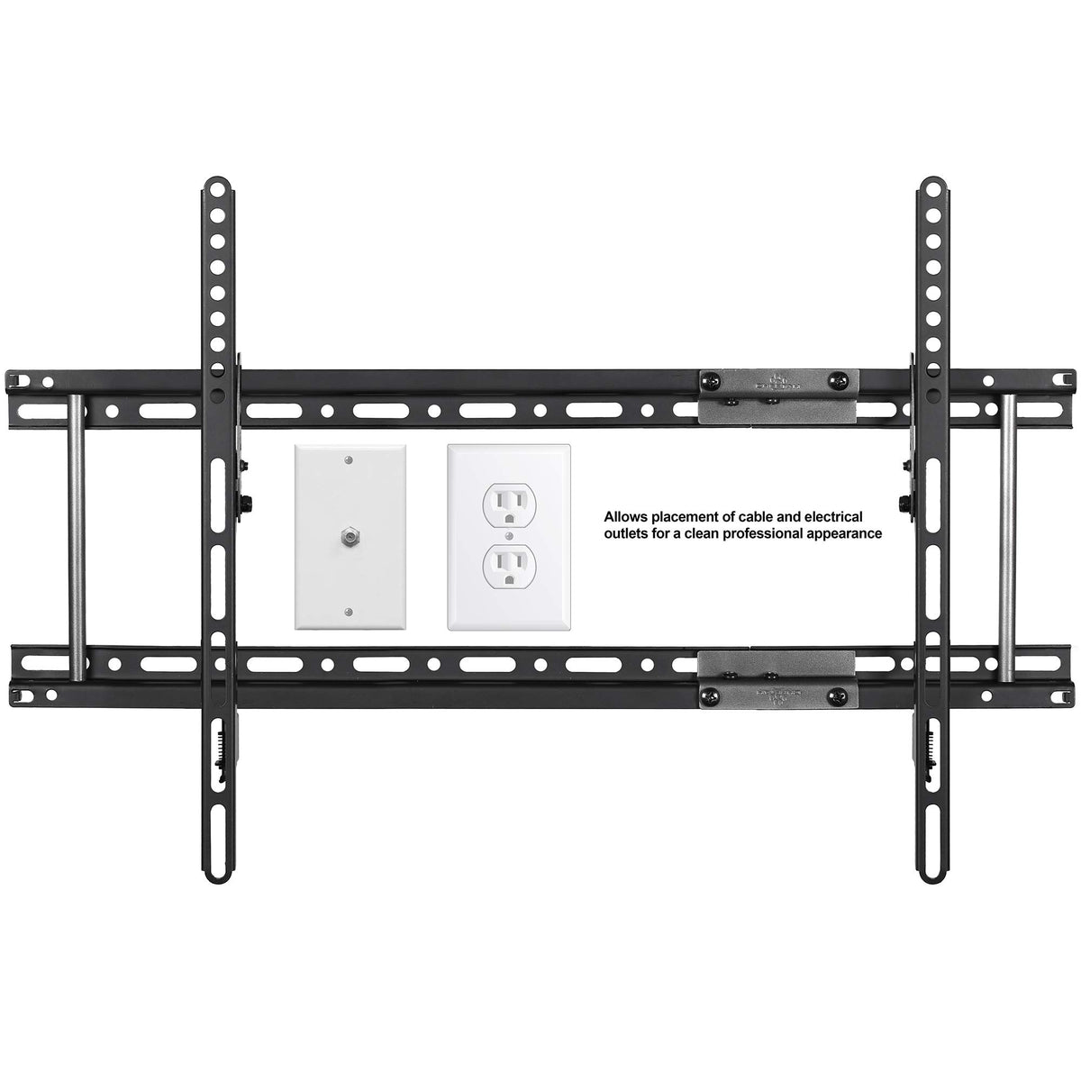 Front view of the black mount with an open center that fits around wall outlets