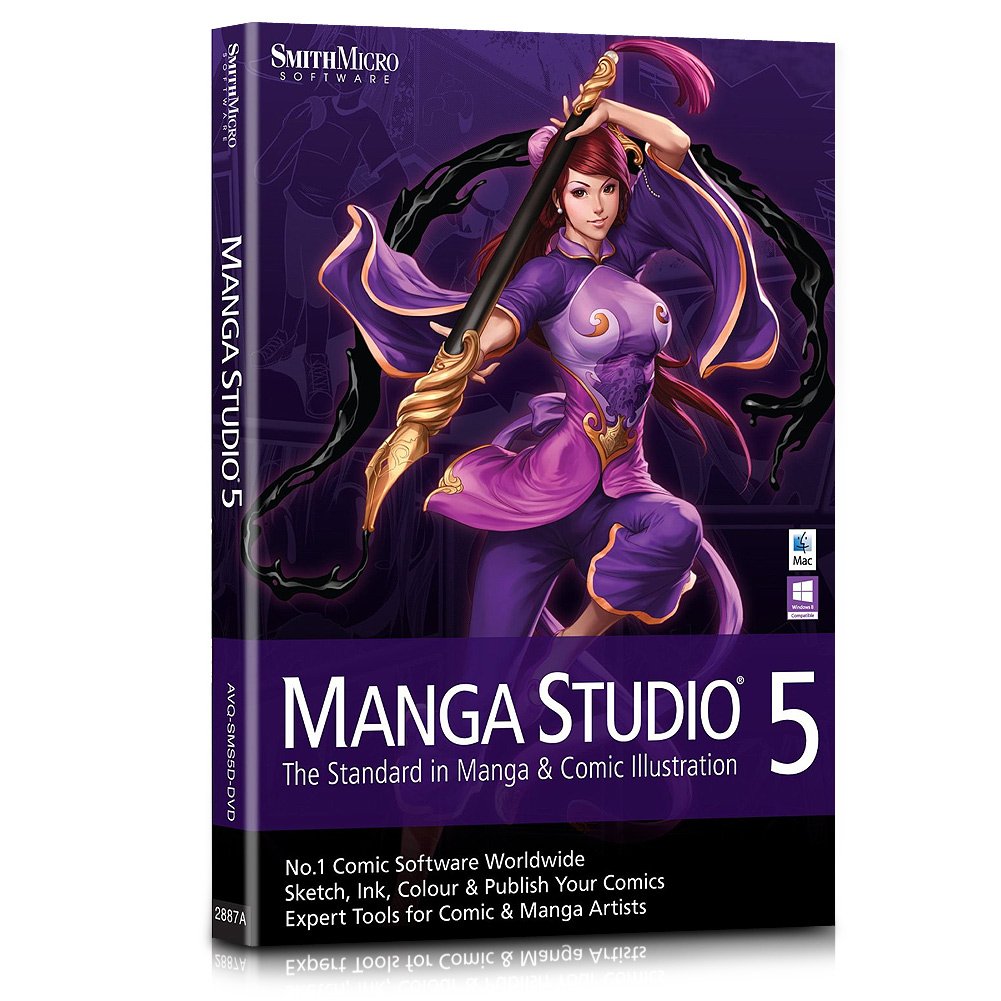Manga Studio 5 box with a manga heroine in purple holding a giant pen nib