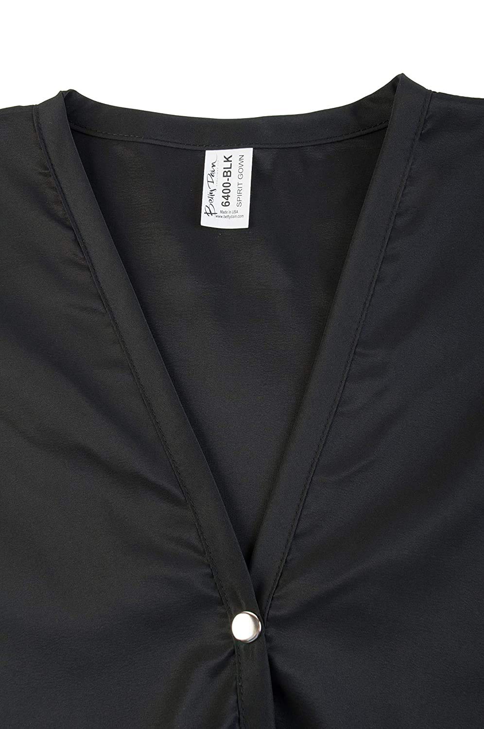 Close-up of the black wrap V-neck with a silver snap and Spirit Gown label