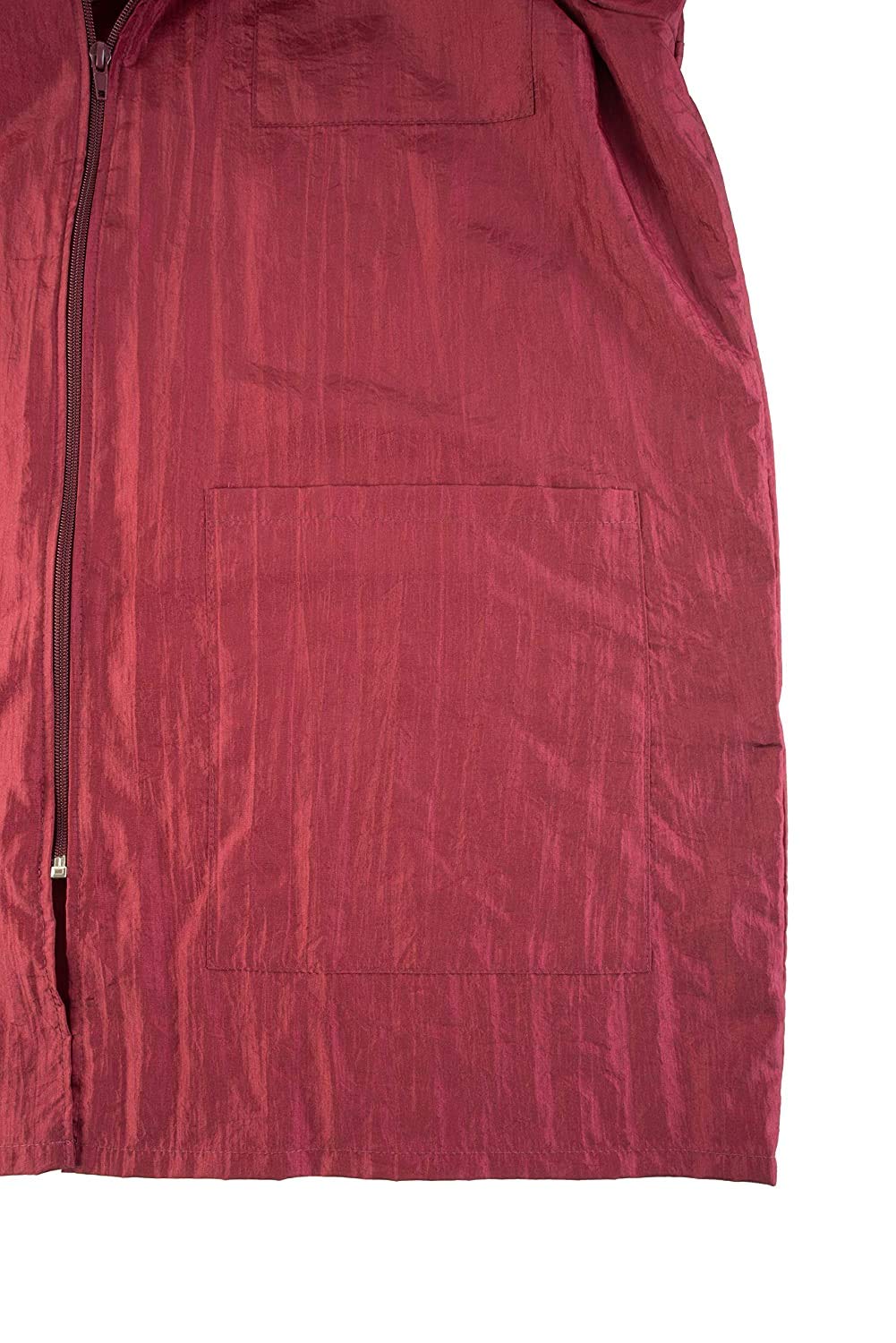 Lower front of the burgundy jacket showing a large patch pocket and zip end