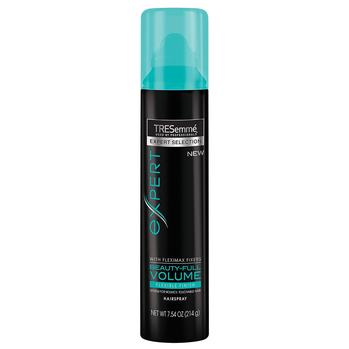Black can of Beauty-Full Volume flexible finish hairspray with a teal cap, 7.54 oz