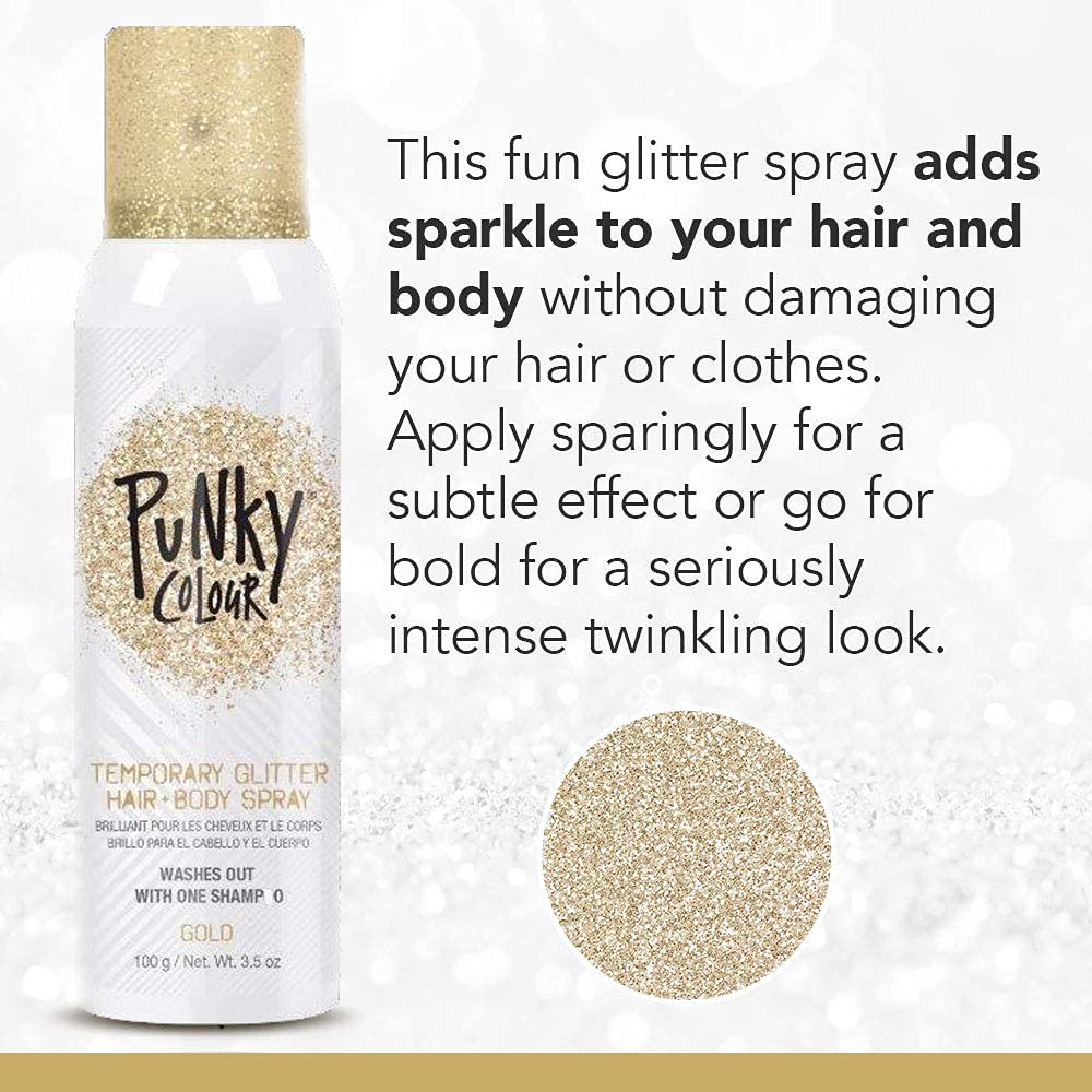 Punky Temporary Hair and Body Glitter Spray, Gold - Lightweight Shimmery Glow for Hair, Skin, and Clothes, Easy-to-Use Sparkly Glitter Hairspray, 3.5 oz