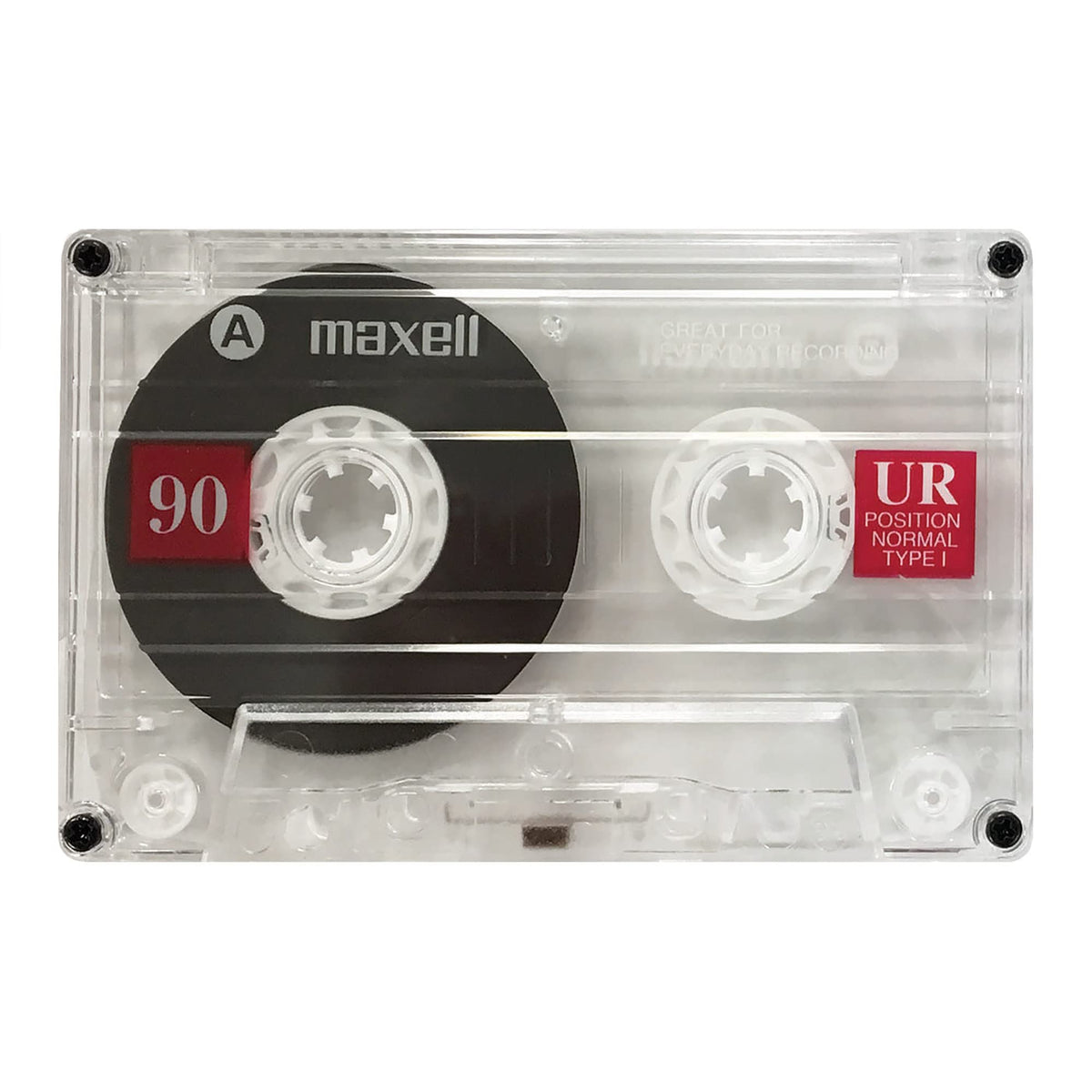 Clear 90 minute audio cassette with black reel label and red UR normal type I tag
