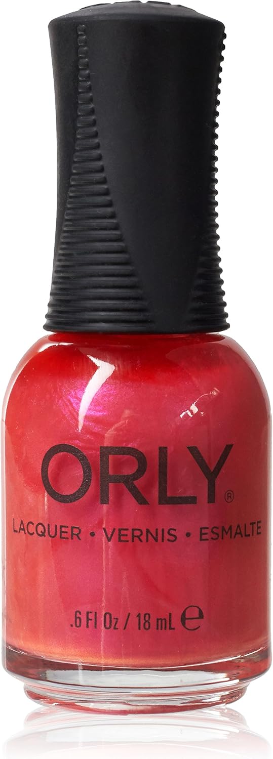 ORLY Berry Blast nail polish bottle, red-pink with pink and gold shimmer, black ribbed cap