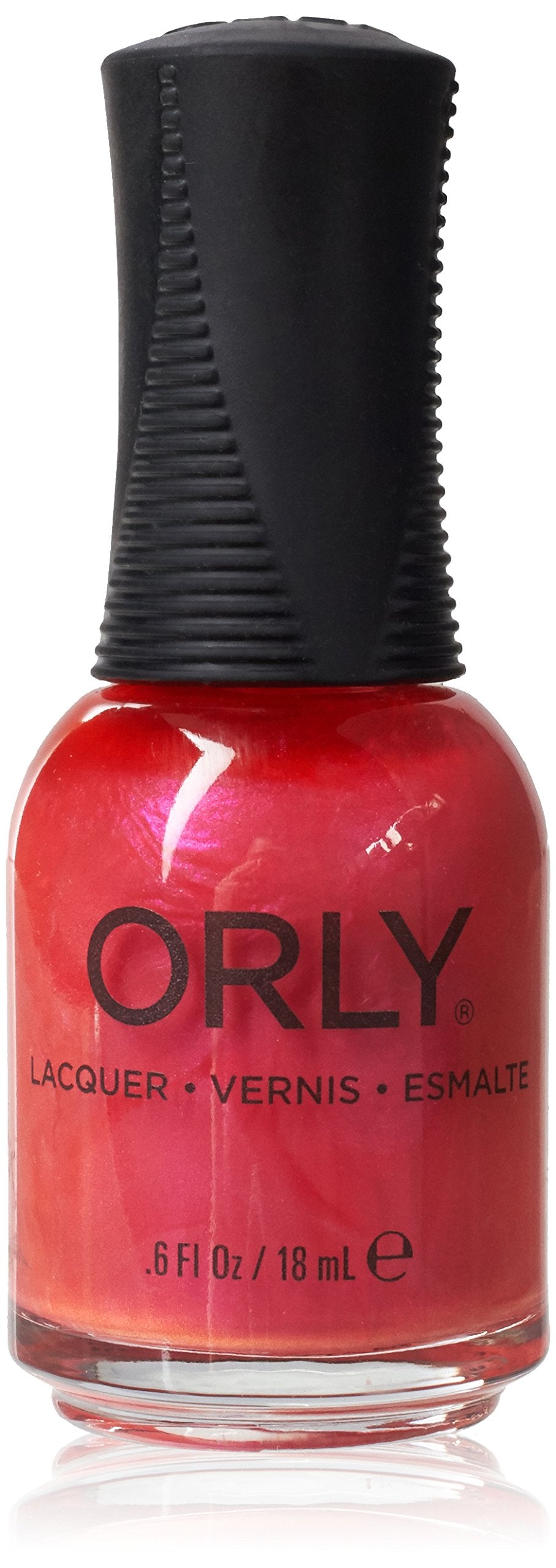 Orly nail lacquer bottle in a coral red with pink pearl shimmer