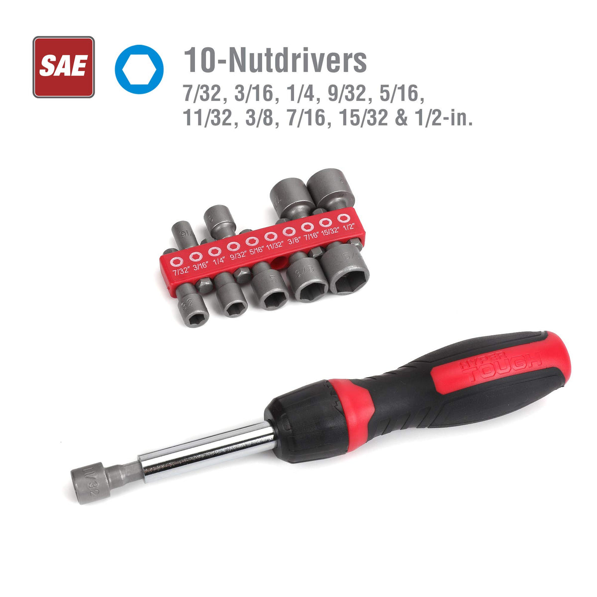 Ten SAE nut drivers 7/32 to 1/2 inch in red holder with the ratcheting driver