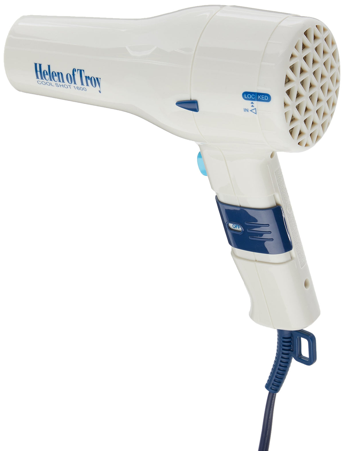 Back view of the white hair dryer showing the vented rear filter and blue cord