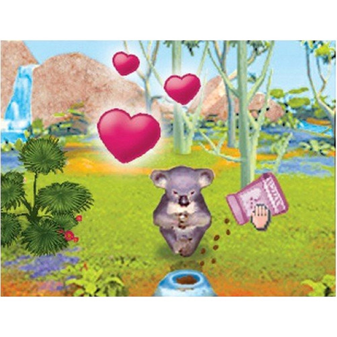 Game screen feeding a happy koala with pink hearts in an outback park