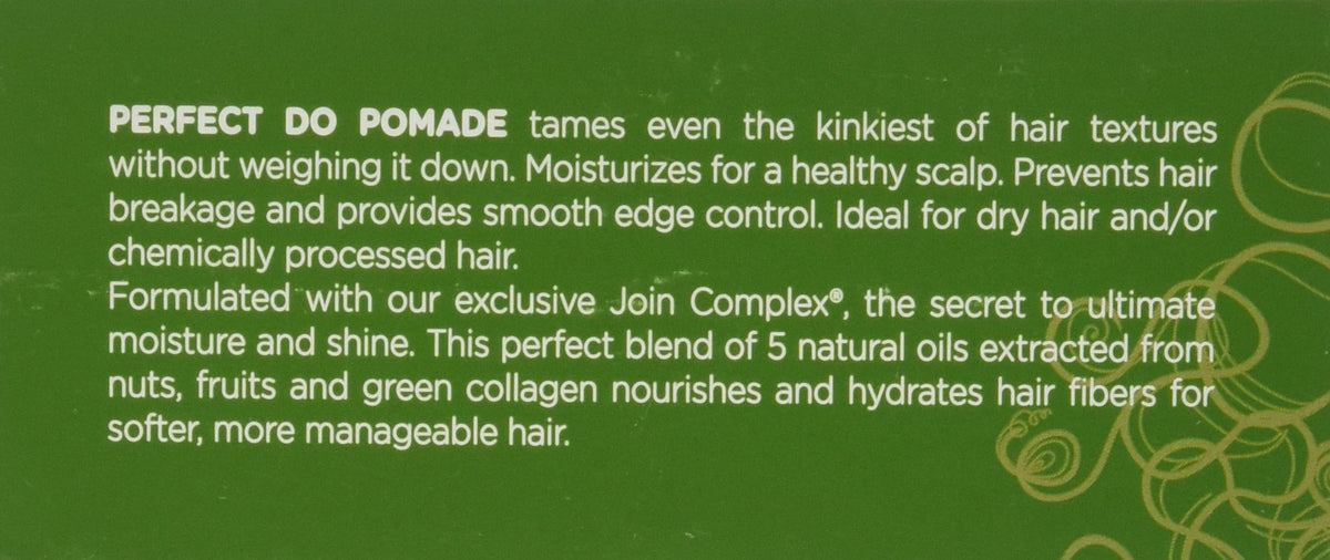 Green panel describing the pomade, edge control and its blend of natural oils