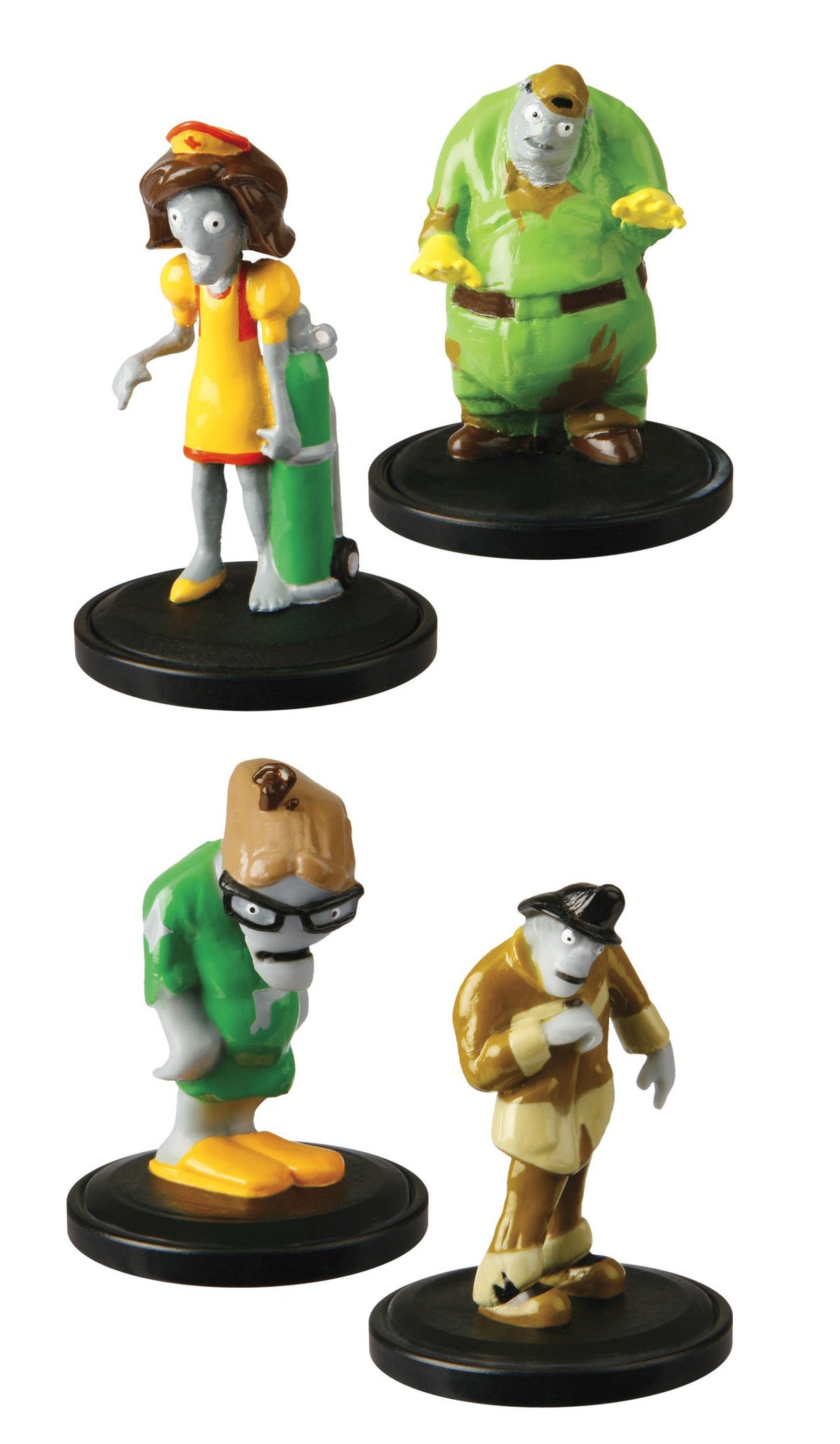 Four zombie figures on black bases: nurse, sanitation worker, nerd and firefighter