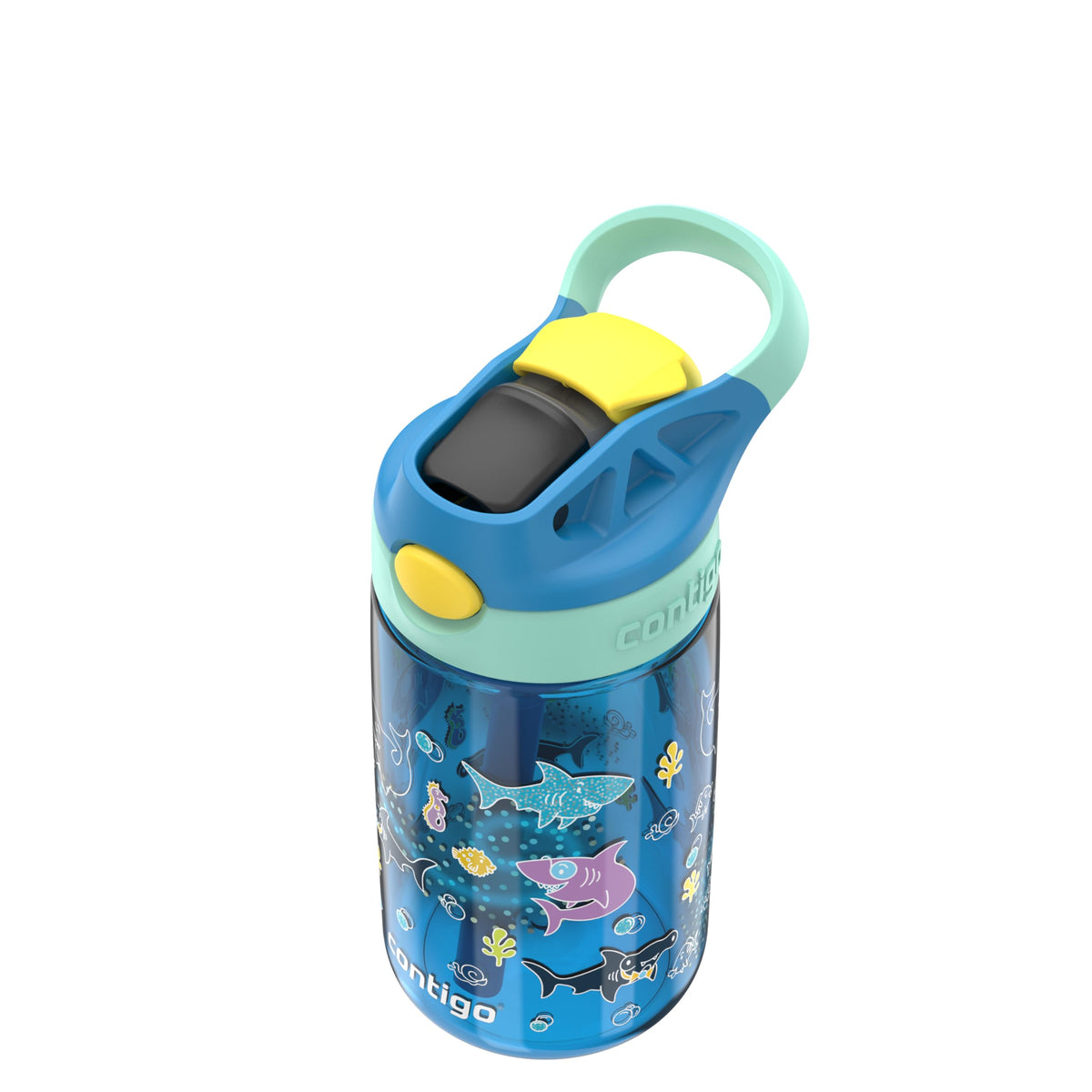 Kids shark-print water bottle from above with the spout cover closed