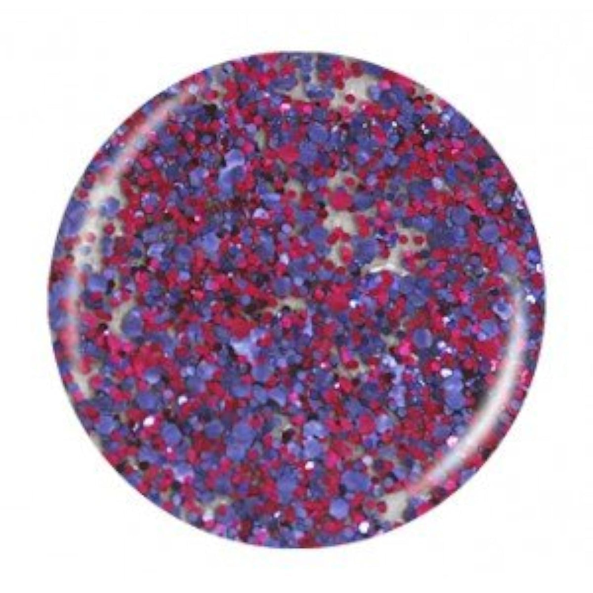 Round swatch of chunky red, magenta and periwinkle glitter polish
