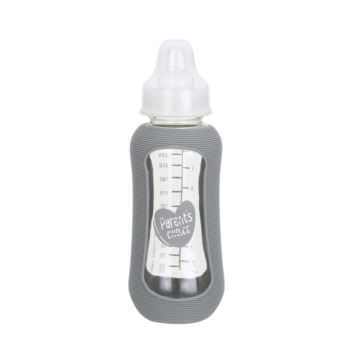Front of a glass baby bottle with measurement marks inside a grey silicone sleeve