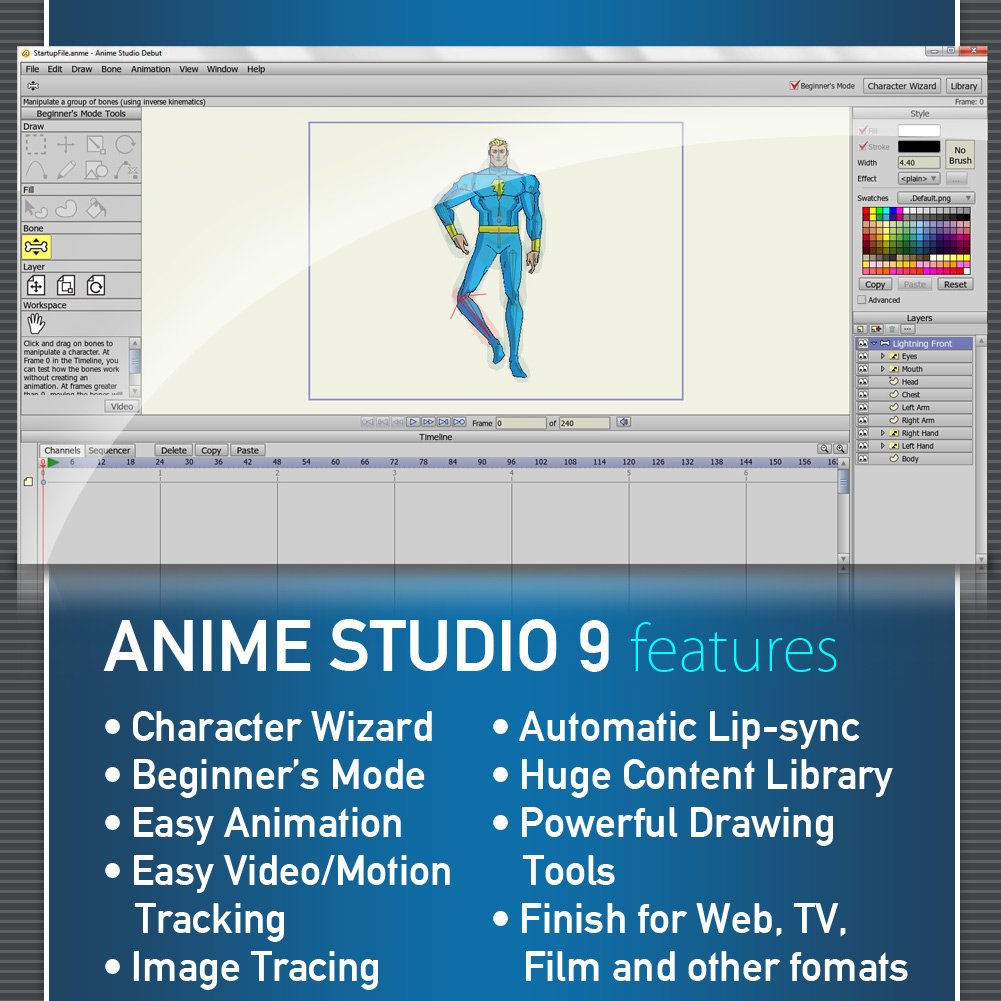 Anime Studio 9 screenshot of a rigged superhero character, with a list of features