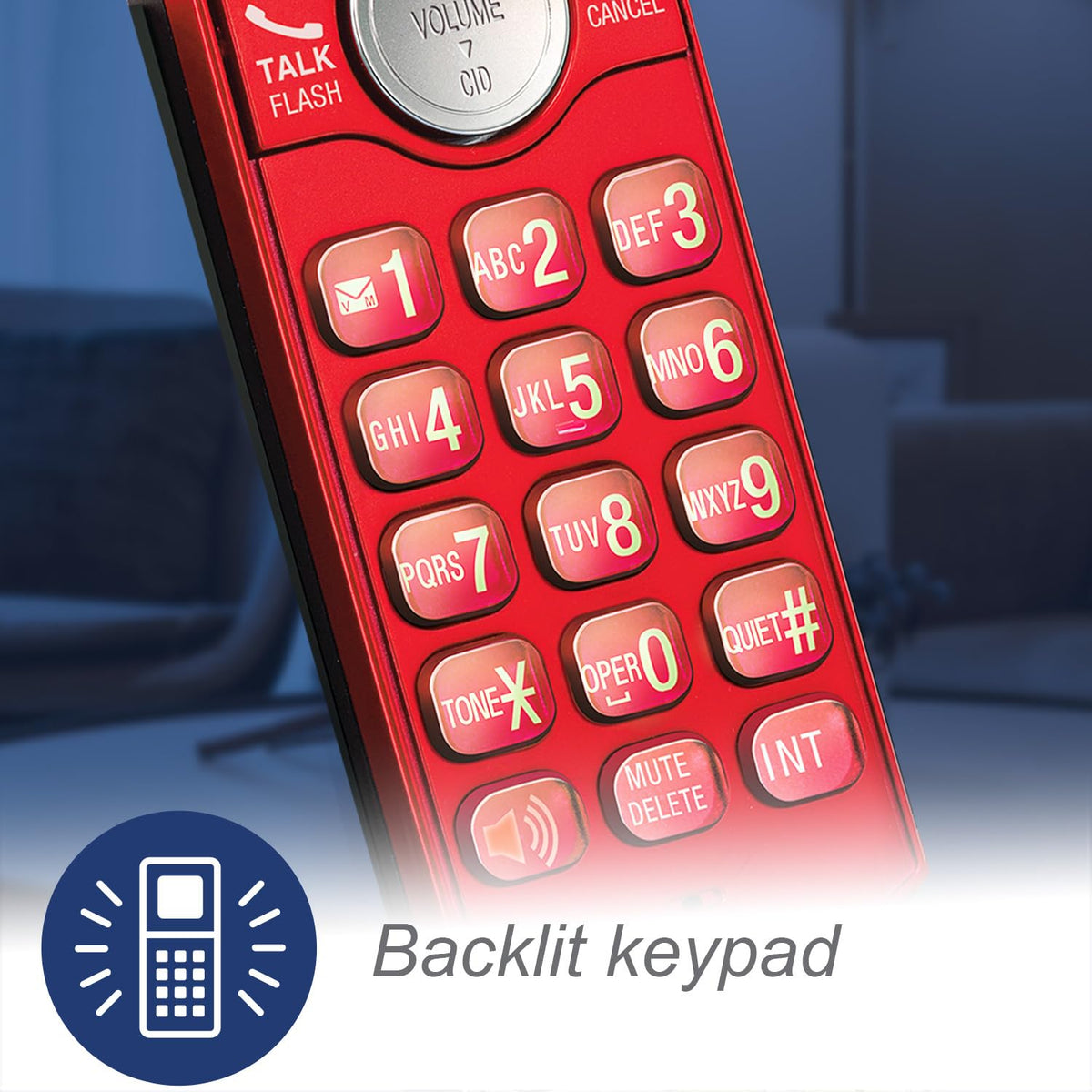 Close-up of the red handset keypad with glowing backlit number keys