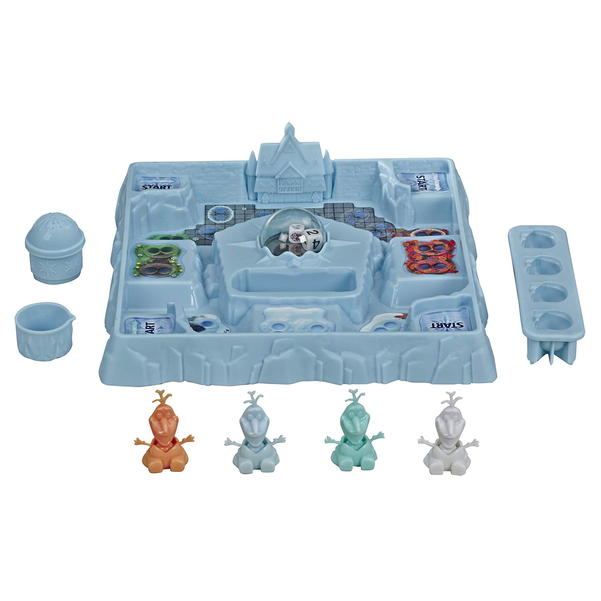 Light blue 3-D ice gameboard with a pop-up dice dome, four Olaf pawns and ice molds