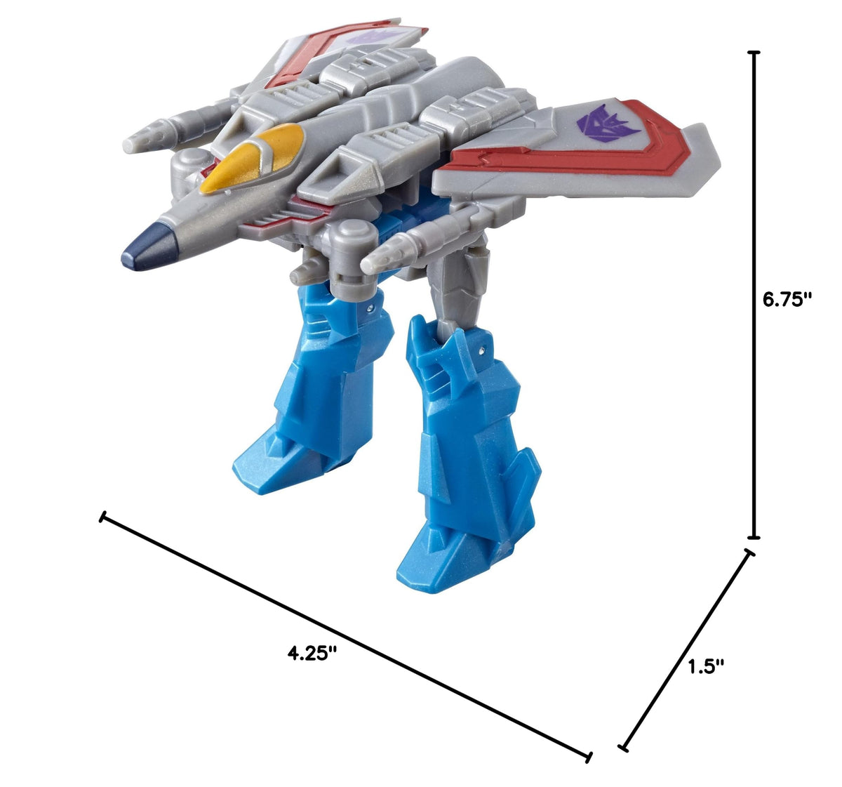 Starscream jet mode figure with size lines of 6.75, 4.25 and 1.5 inches