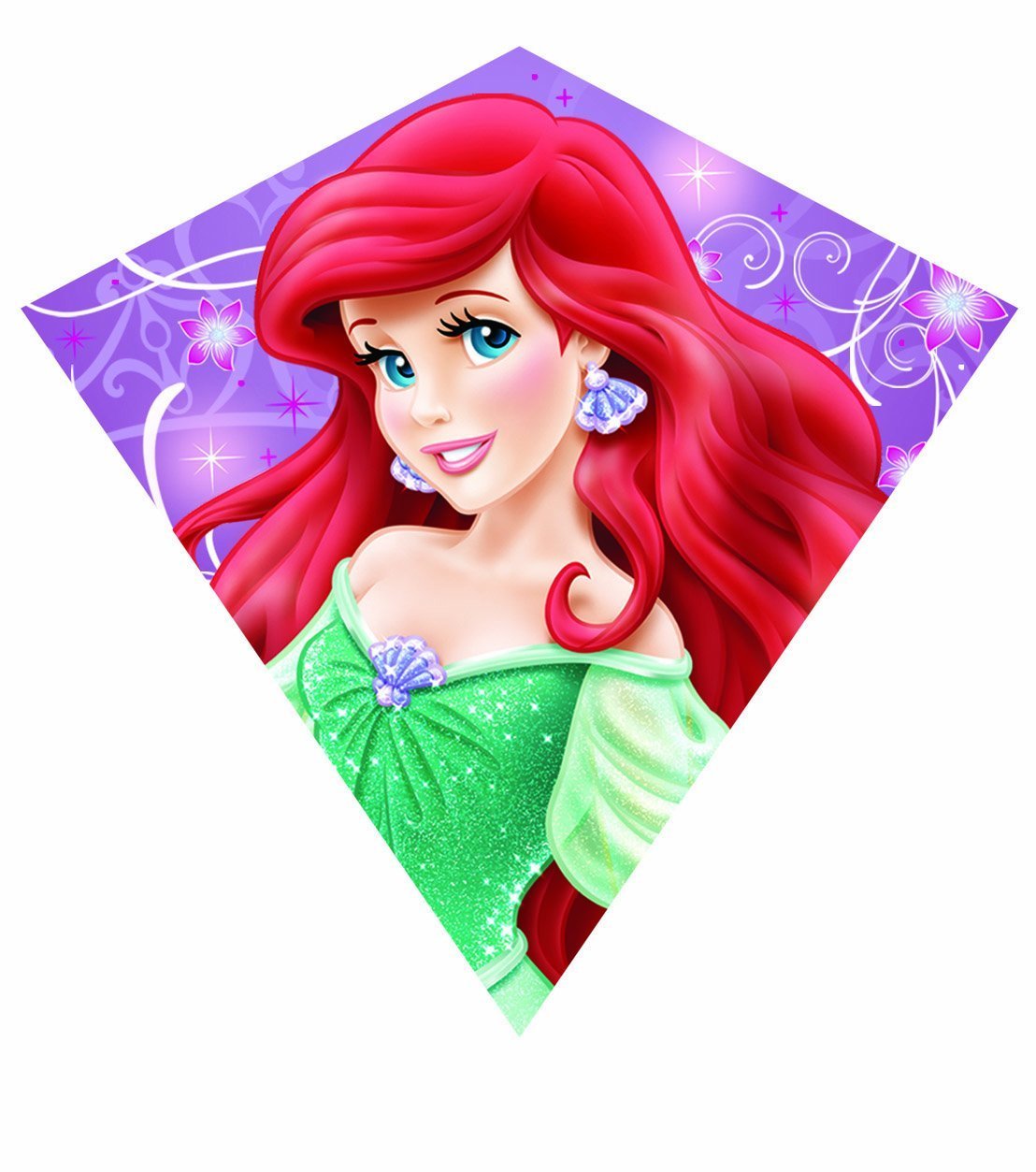 Diamond kite printed with red-haired Ariel in a green dress on a purple background