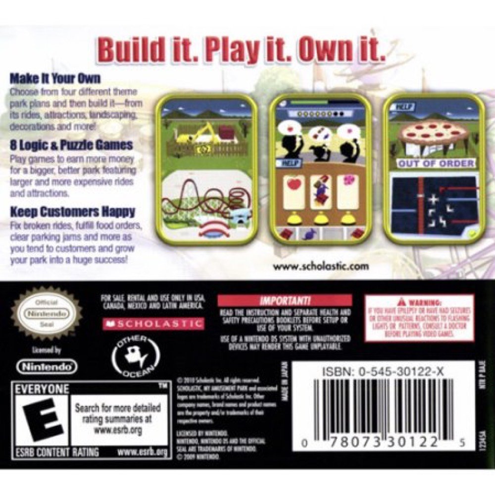 Back of the My Amusement Park DS case with game screens, features and ESRB E rating