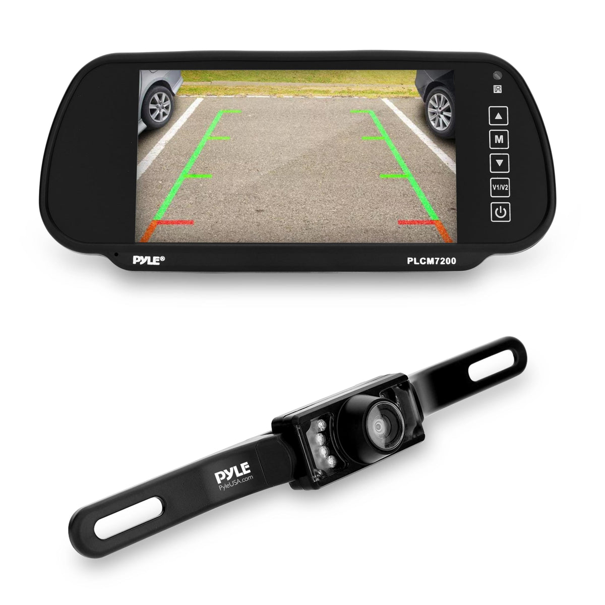 Black 7 inch rear-view mirror monitor with parking guide lines and license plate camera