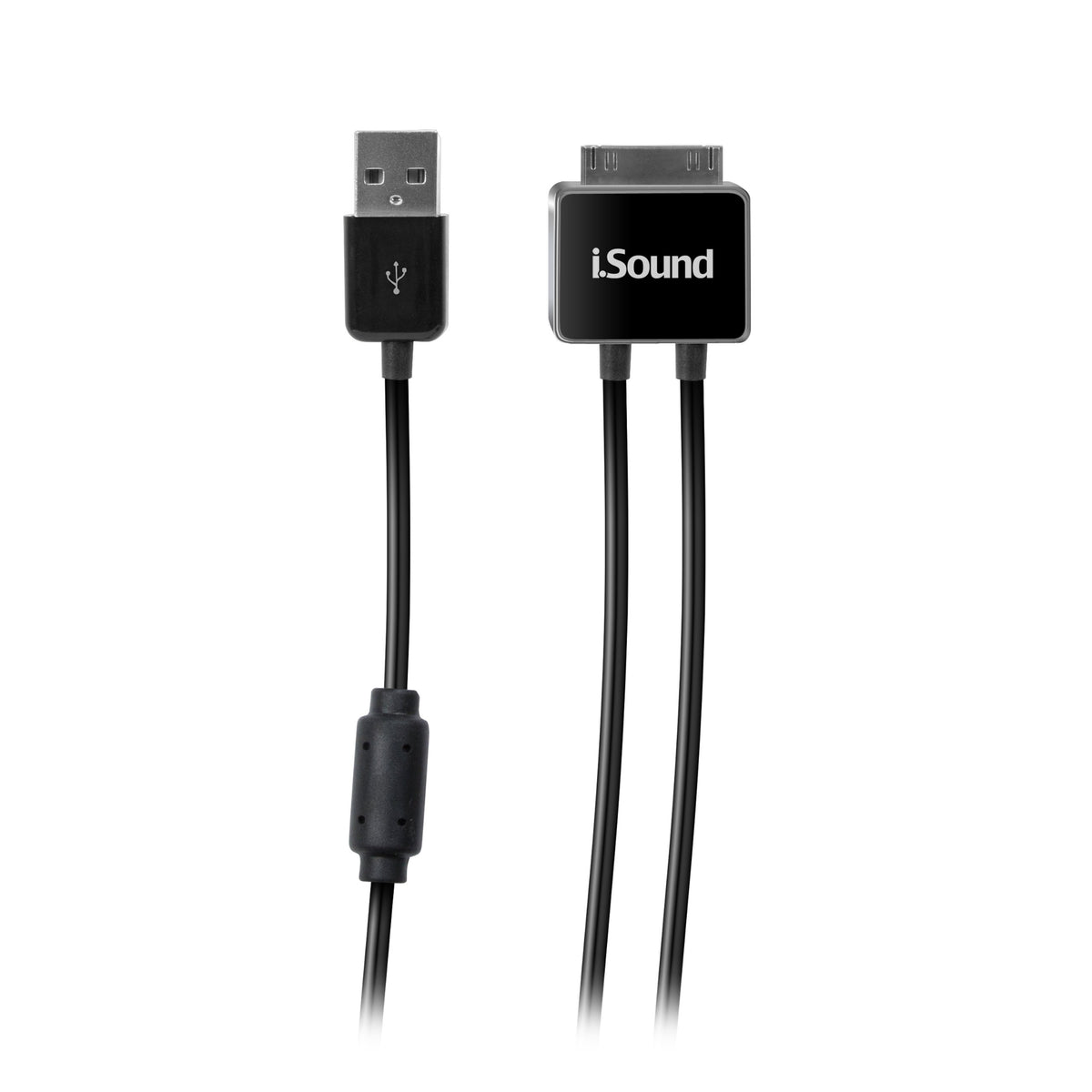 Black USB plug next to a 30-pin dock connector with two cables leading out