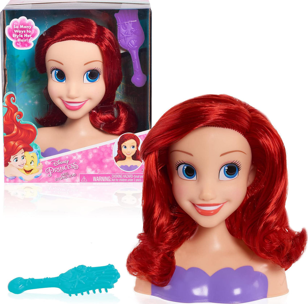 Boxed and unboxed Ariel styling head with long red hair and a teal brush