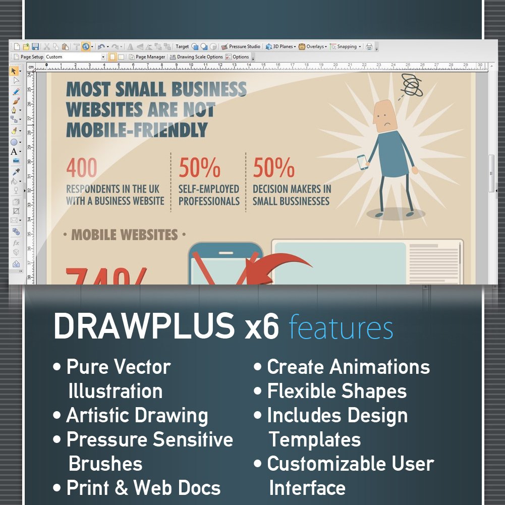DrawPlus X6 screenshot of an infographic being drawn, with a list of features