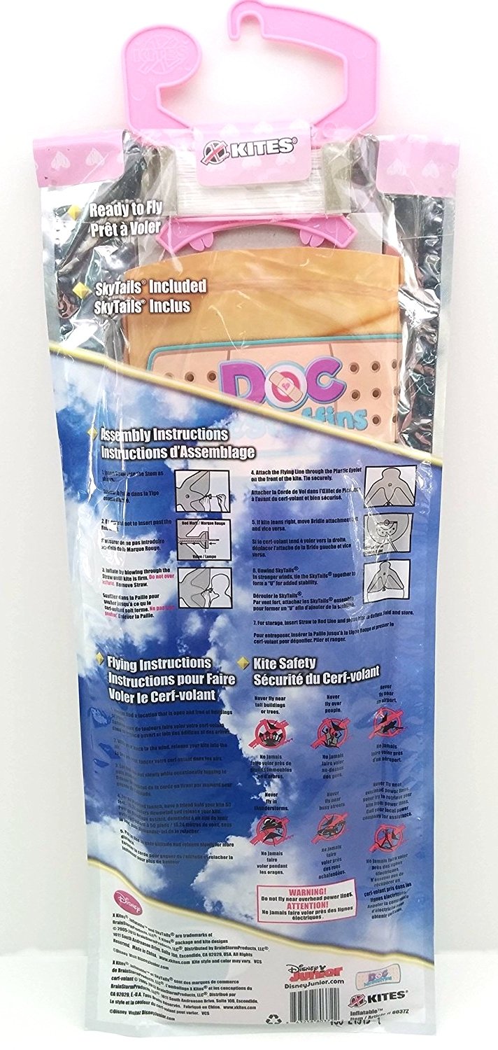 Full back of the kite package with a pink hanger, assembly and safety instructions