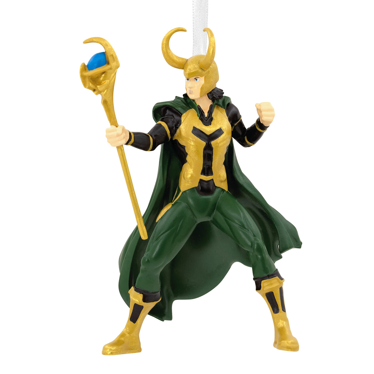 Ornament of a horned gold-helmeted villain in green and gold with a sceptre