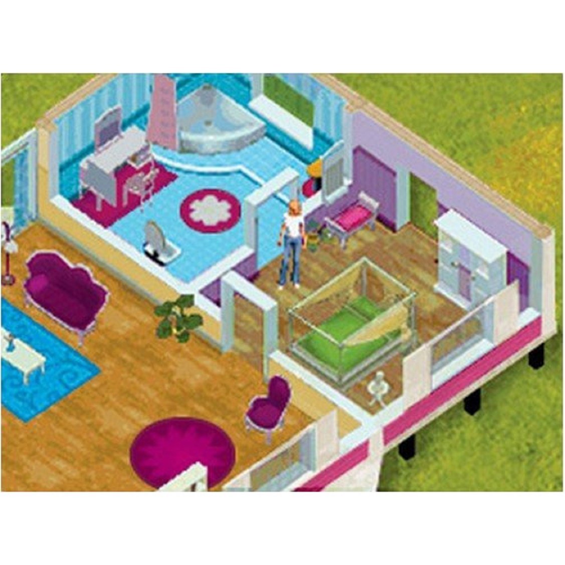 Game screen of a furnished house with a corner bath, purple sofa and green bed