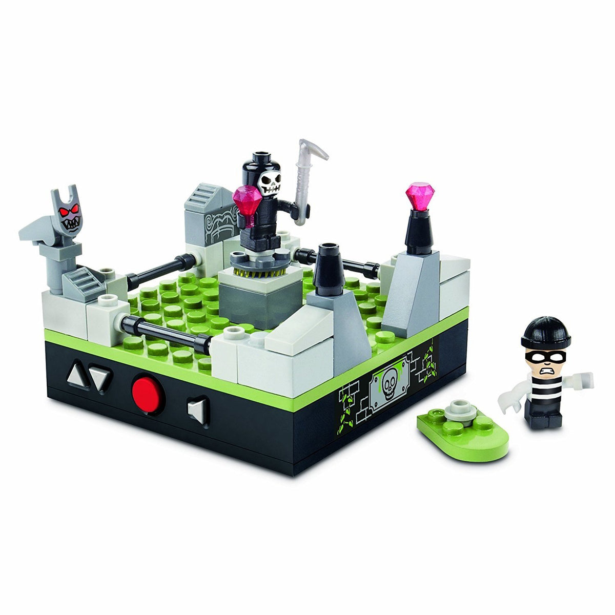 Green and grey brick-built graveyard set with a skeleton figure, gems and a masked robber