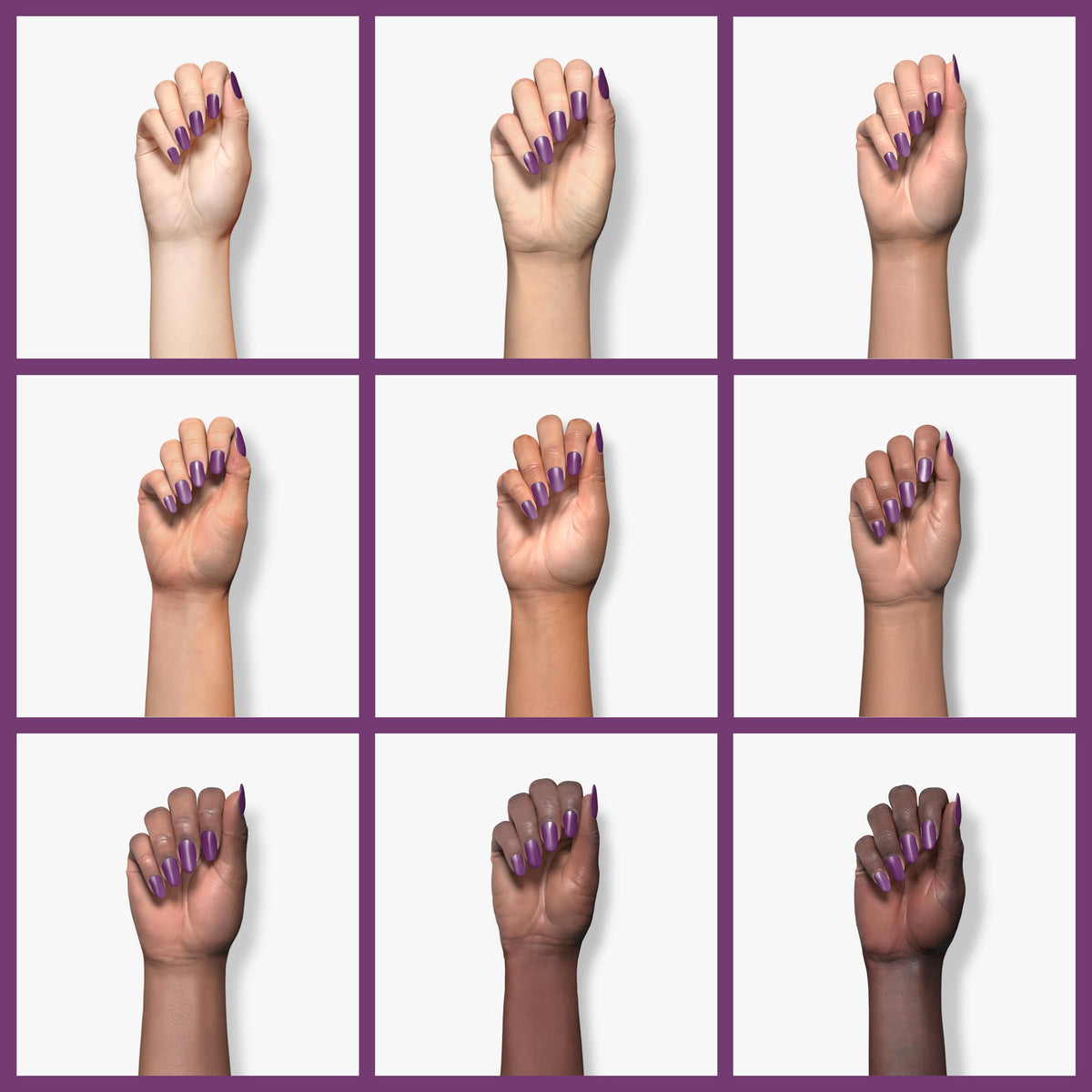 Nine hands in different skin tones with purple painted nails