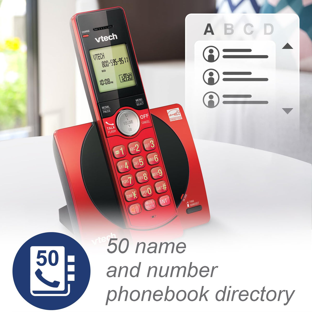 Red cordless phone on its base beside a graphic of a 50 name phonebook list