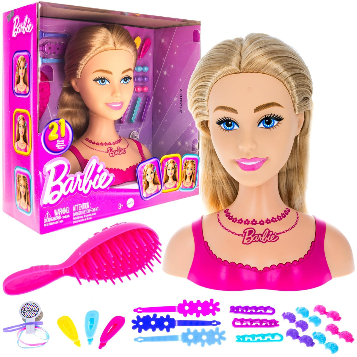 Boxed and unboxed blonde styling head with pink brush, clips, beads and hair ties