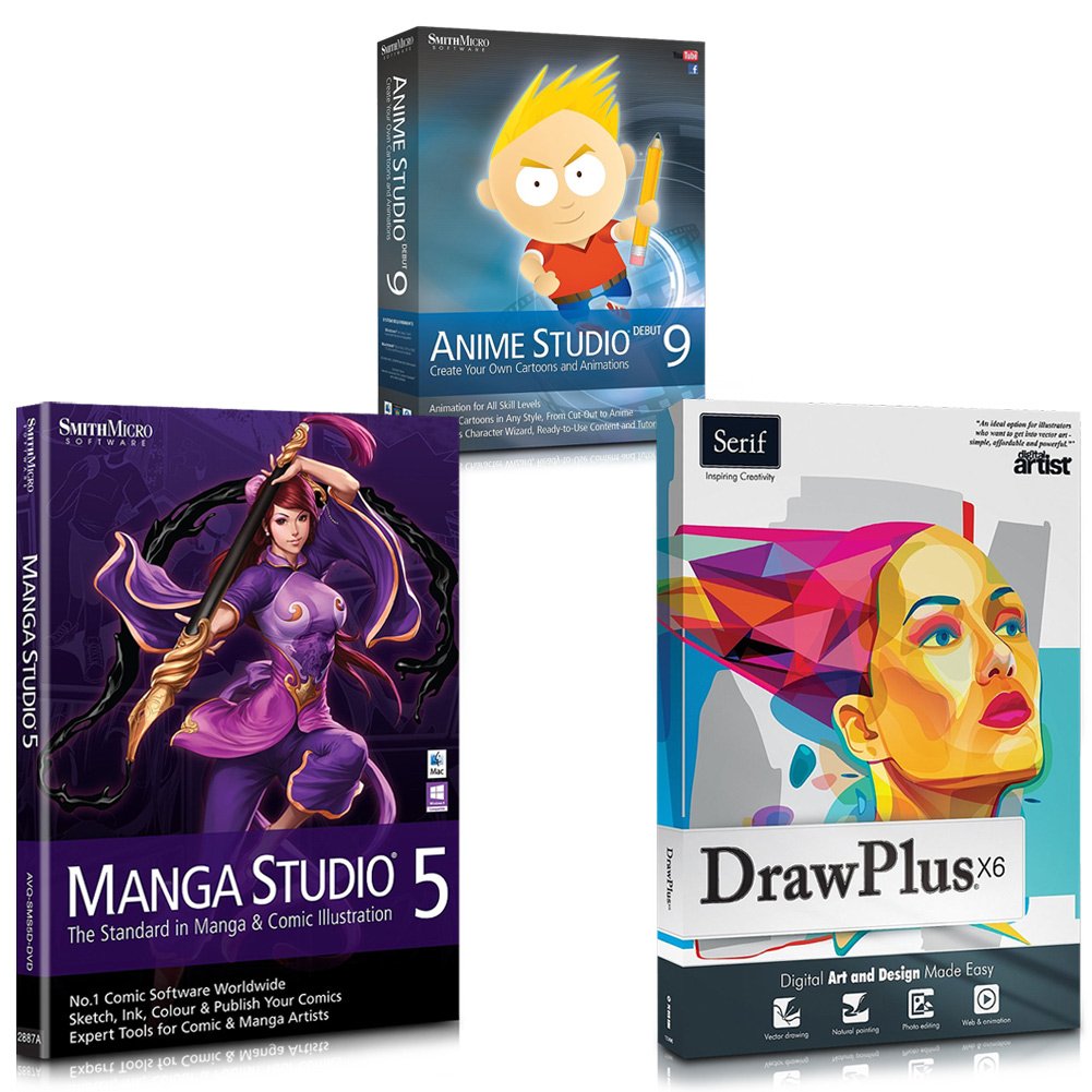 Three software boxes: Anime Studio Debut 9, Manga Studio 5 and Serif DrawPlus X6