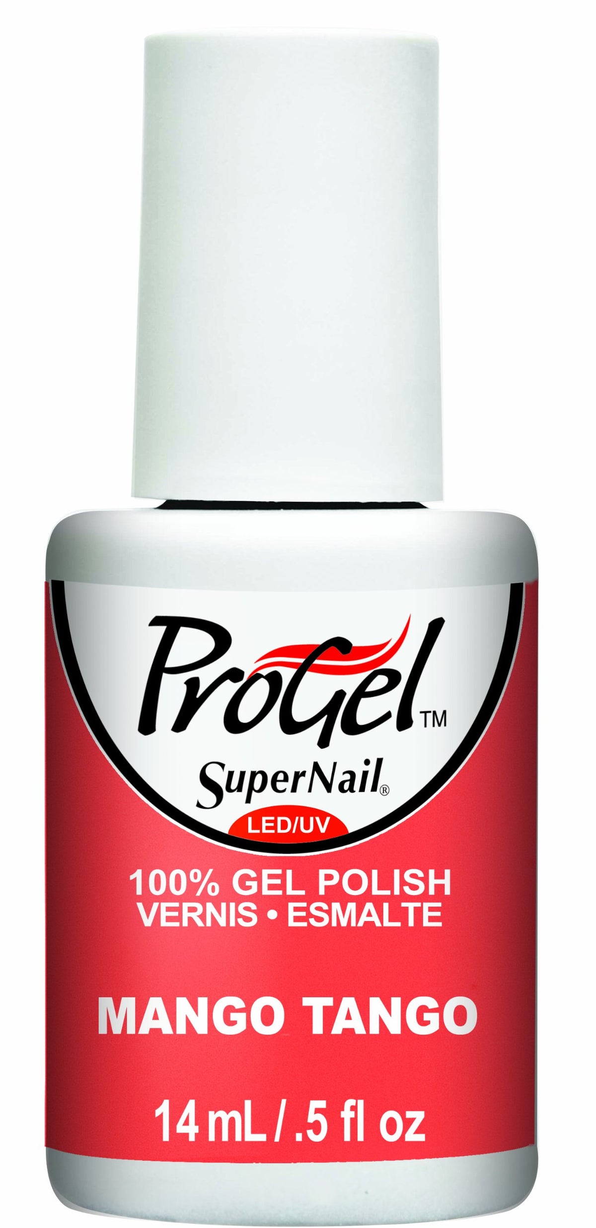 Gel polish bottle with a white cap and a coral red label
