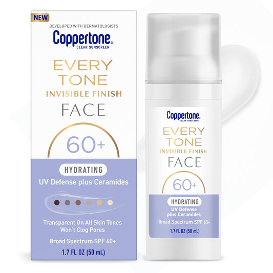 Coppertone Every Tone Invisible Finish Hydrating UV Defense Face Sunscreen SPF 60+ with Ceramides, Lightweight, Blends in Clear Sunscreen for All Skin Tones, 1.7 Fl Oz Pump Bottle